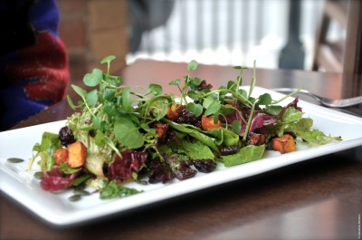 5 - SEASONAL SQUASH, TOASTED PUMPKIN SEED SALAD WITH MIXED LEAVES, RAISINS & PUY LENTILS