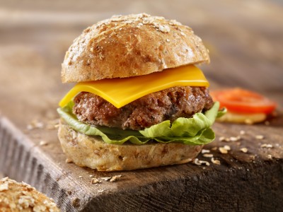 CheeseBurgeron a Rustic Wood Cutting Board -Photographed on Hasselblad H3D2-39mb Camera